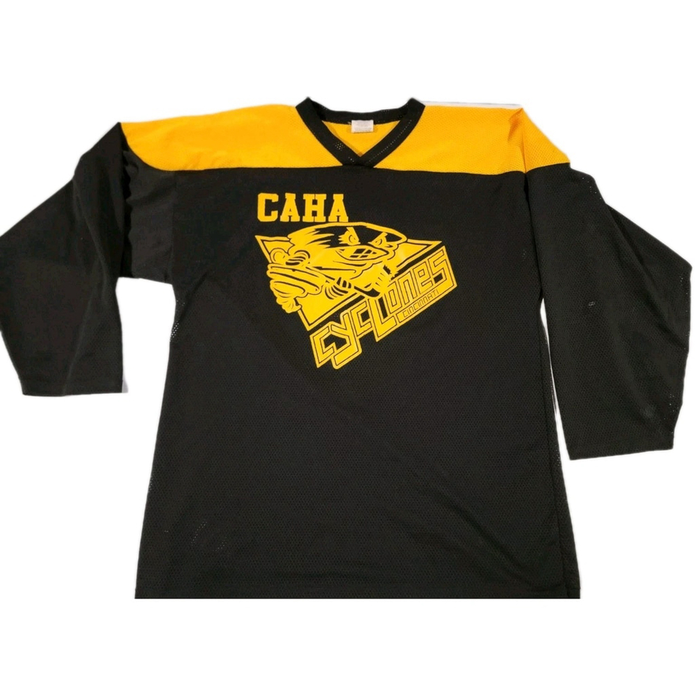 Vintage Cincinnati Cyclones Hockey CAHA #8 AK Jersey Sz MED Black Gold *flaws*